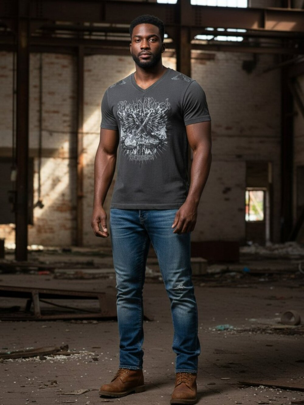 Hard Rock Cafe Black V-Neck Tee with Winged Guitar Graphic